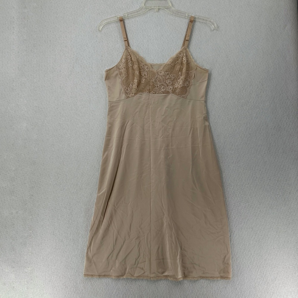 ShadowLine Floral Lace Trim Full Slip Nightgown Beige Womens 36 Tall Nylon Vtg